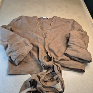 Scalloped Tie-Front Brown Linen Blouse